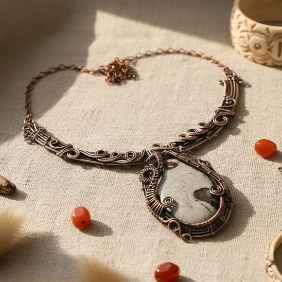 Boho Chic Copper Wire Wrapped Coffee Bean Jasper Gemstone Artisanal Necklace - Picture 4 of 13